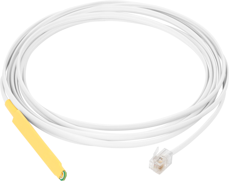 Temperature & Humidity sensor (-30 to +80°C, 0 to 100% RH) on a 3 meters long cable with a 1-Wire RJ11 connector. Indoor usage, probe encased in yellow plastic.