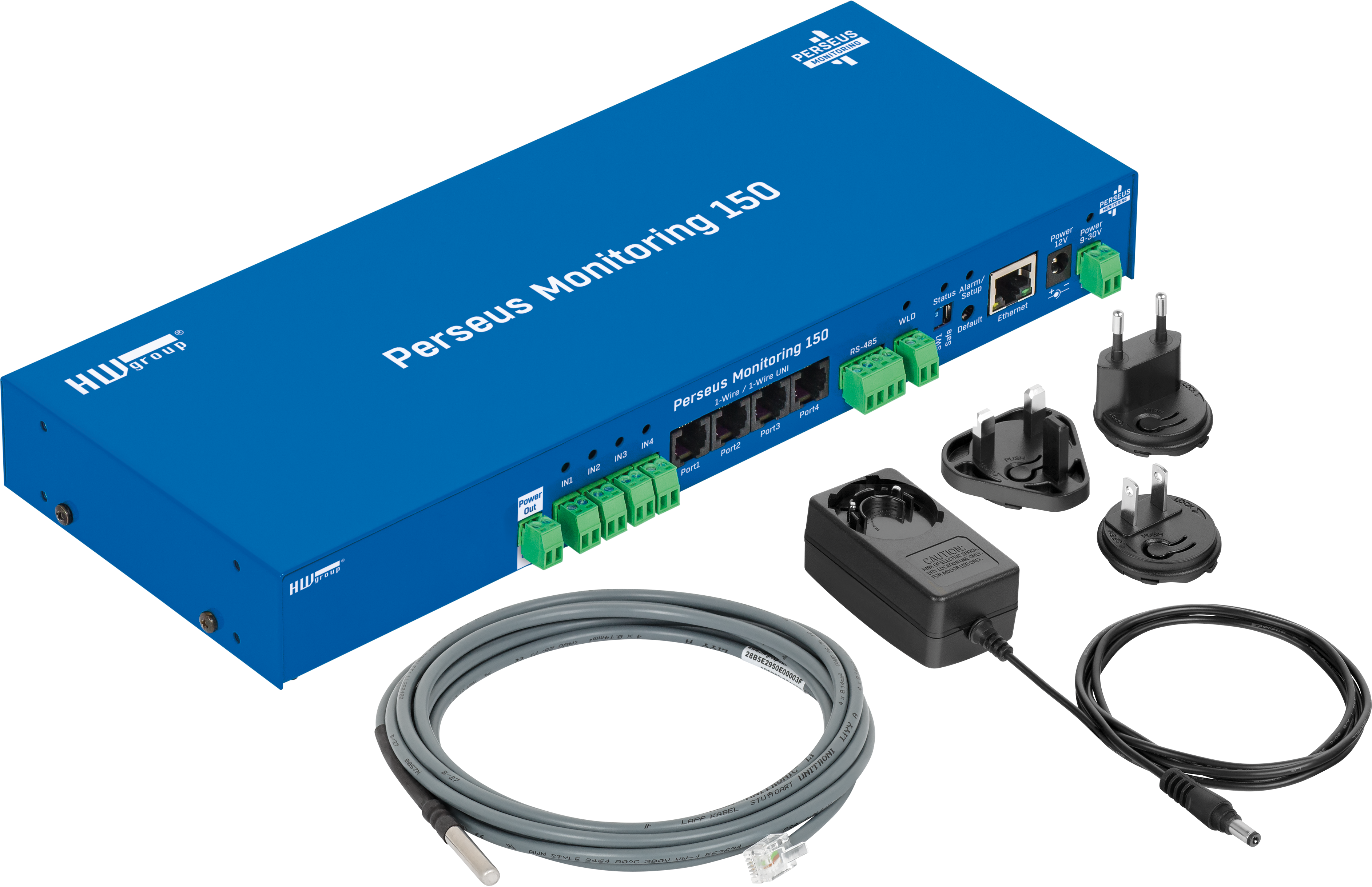 Perseus 150 Temperature monitoring starter set. Contains: Perseus Monitoring 150, Universal power adaptor 12V 1.5A, Temp-1Wire 3m IP67.