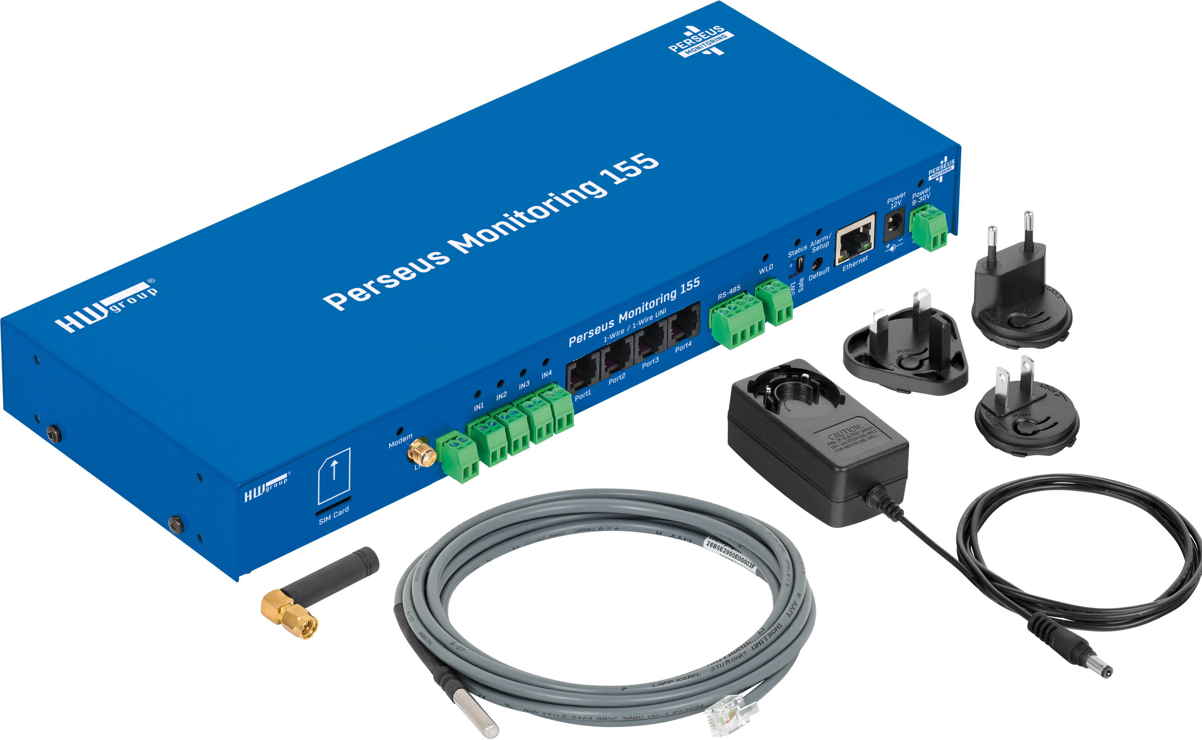Perseus 155 Temperature monitoring starter set. Contains: Perseus Monitoring 155, Universal power adaptor 12V 1.5A, Temp-1Wire 3m IP67, LTE antena quadband pigtail . No simcard included.