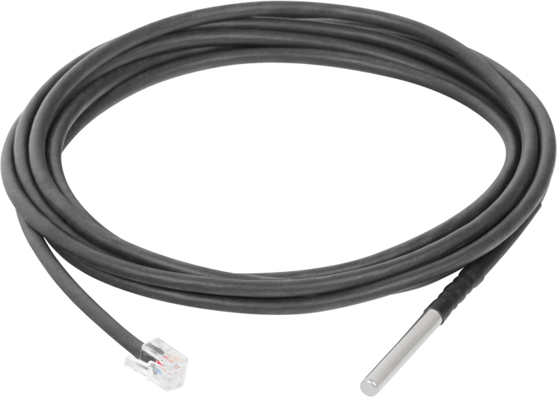 Temperature sensor  (-10°C to +80°C) on a 1 meter long cable with a 1-Wire RJ11 connector. IP67 watertight version. probe encased in stainless steel cover.